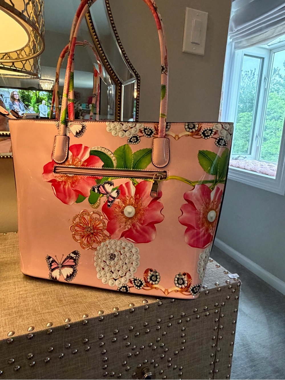 Gorgeous FLORAL Peonies + Pearls Celebration Large Pink Tote satchel Bag w BOW - Picture 5 of 13